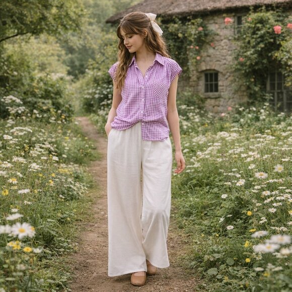 Lomon Tops - Lomon Purple White Gingham Button Front Top Women’s M Cotton Sleeveless